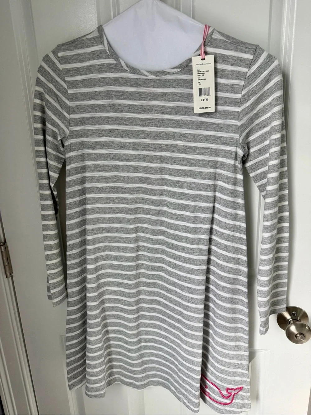Vineyard Vines Girls' NWT Heather Gray & White Stripe Long-Sleeve Dress. Size L